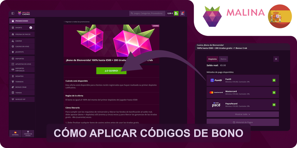 Aplicar códigos Malina Casino paso