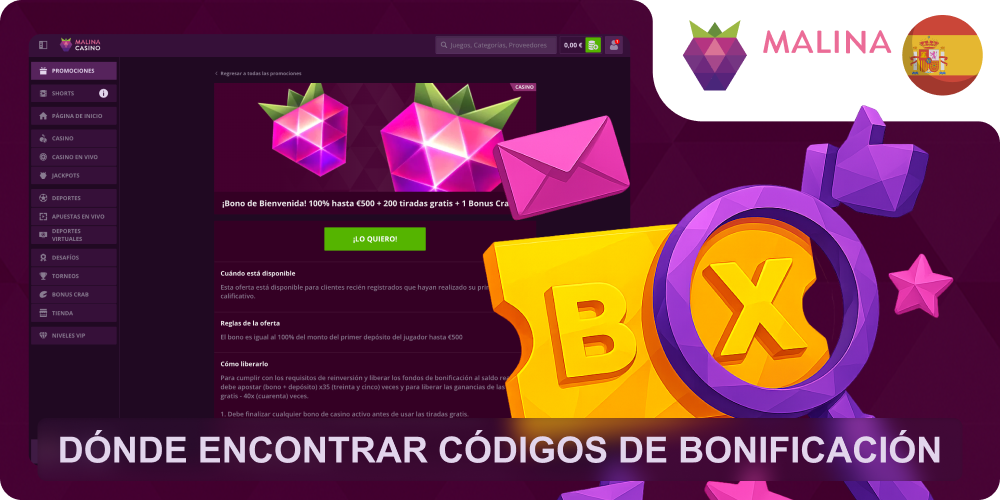 Dónde buscar códigos Malina Casino
