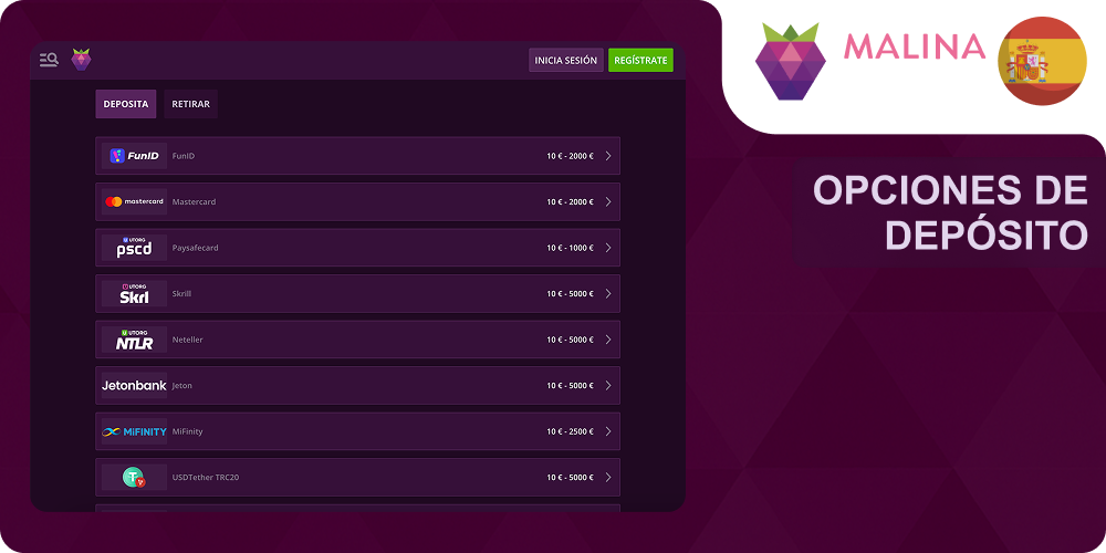Métodos de depósito Malina Casino
