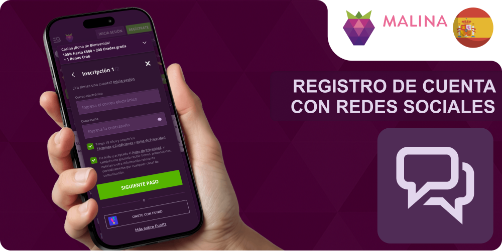 Registro con redes sociales Malina Casino