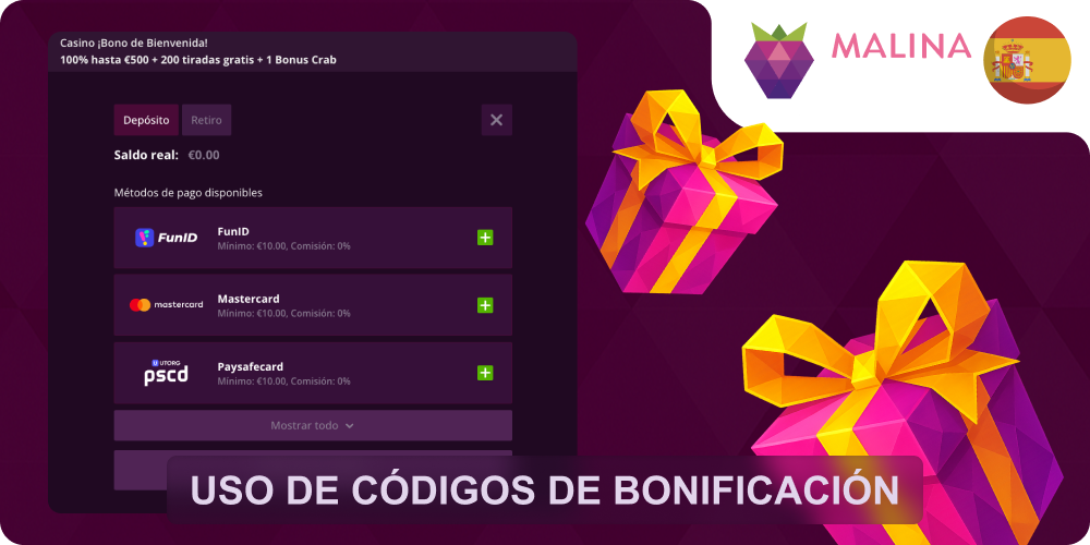Usar código bono Malina Casino